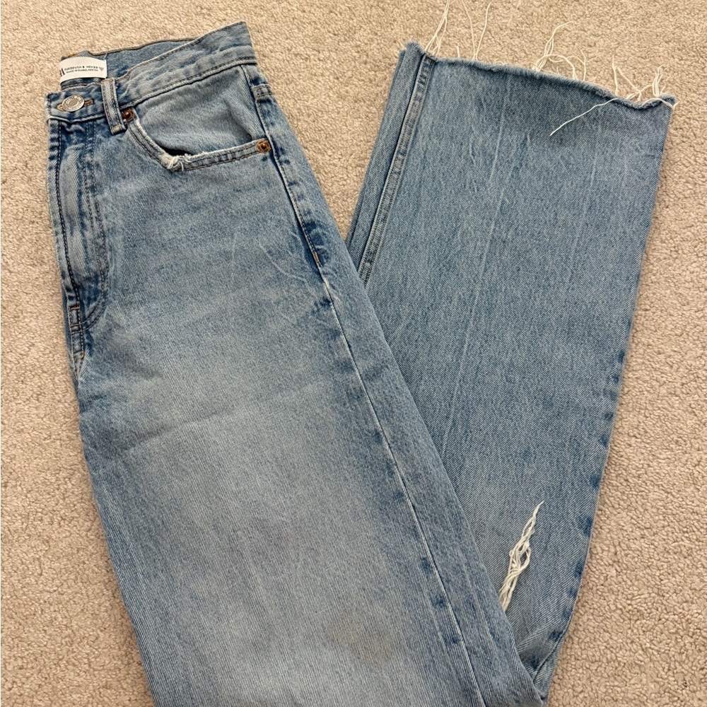 Zara Light Blue Distressed Straight Leg High-Rise Jeans - Picture 3 of 3